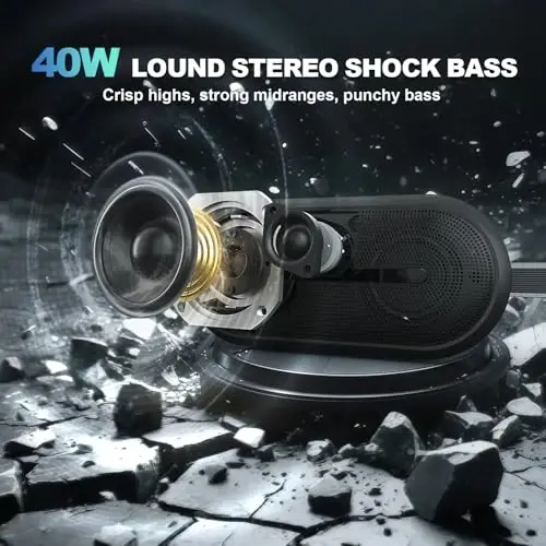 SOWO Kuchli Bassli Portativ Bluetooth Dinamik - Partyboom Texnologiyali Simsiz Dinamik - 40W, IP67 Suv o'tkazmaydigan - Tashqi, Kemping va Sayohat uchun Stereo Ovoz - Qora - 2