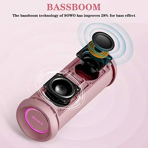 SOWO Outdoor Wireless Portable Bluetooth Speaker, IPX7 Waterproof Speaker, 25W Loud Sound, Bassboom Technology, TWS Pairing, 16H Playtime with Lights - Pink - 2