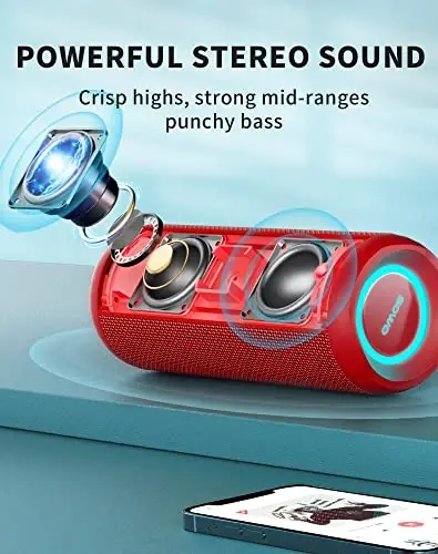 SOWO Portable Bluetooth Speaker, Waterproof IPX7, 25W Loud Wirelss Speaker | Big Audio and Punchy Bass, LED Light with TWS Pairing, 16H Playtime, Outdoor for Party, Beach, Travel, Girls Gifts - Red - SOWO (1)