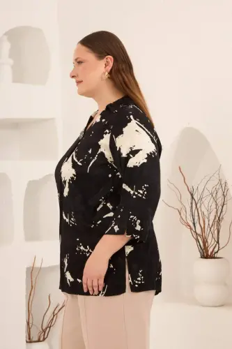 Soyut Desenli Broş Detaylı Kadın Büyük Beden Bluz Siyah - 4