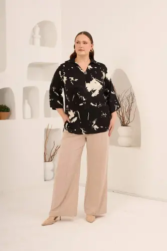 Soyut Desenli Broş Detaylı Kadın Büyük Beden Bluz Siyah - 5