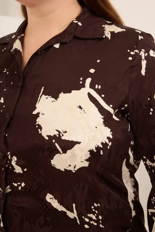 Soyut Desenli Kadın Büyük Beden Uzun Kol Gömlek Kahve - 2