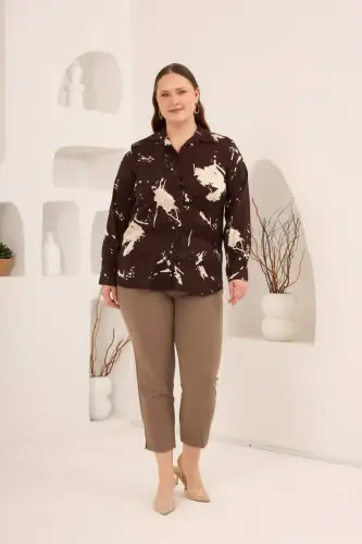 Soyut Desenli Kadın Büyük Beden Uzun Kol Gömlek Kahve - 4