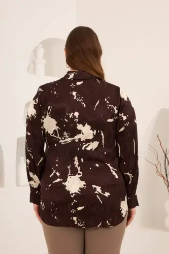 Soyut Desenli Kadın Büyük Beden Uzun Kol Gömlek Kahve - 5