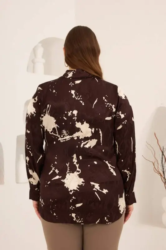 Soyut Desenli Kadın Büyük Beden Uzun Kol Gömlek Kahve - 5