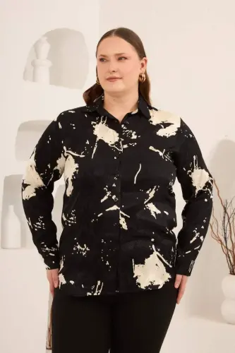 Soyut Desenli Kadın Büyük Beden Uzun Kol Gömlek Siyah - 1