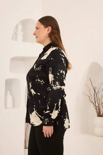 Soyut Desenli Kadın Büyük Beden Uzun Kol Gömlek Siyah - 3