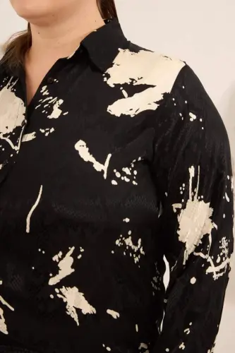 Soyut Desenli Kadın Büyük Beden Uzun Kol Gömlek Siyah - BÜYÜKBEDENIZ (1)