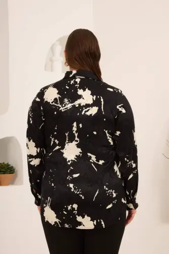 Soyut Desenli Kadın Büyük Beden Uzun Kol Gömlek Siyah - 4