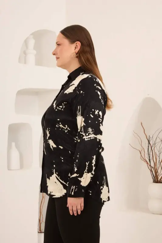 Soyut Desenli Kadın Büyük Beden Uzun Kol Gömlek Siyah - 3