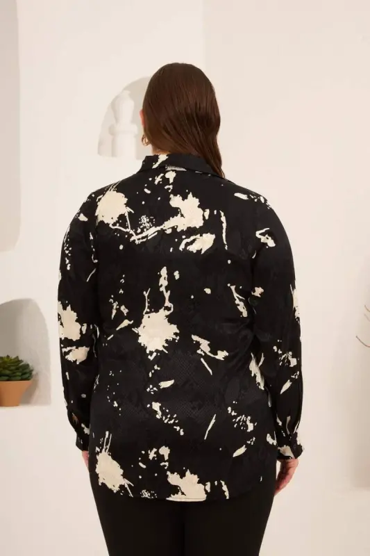 Soyut Desenli Kadın Büyük Beden Uzun Kol Gömlek Siyah - 4