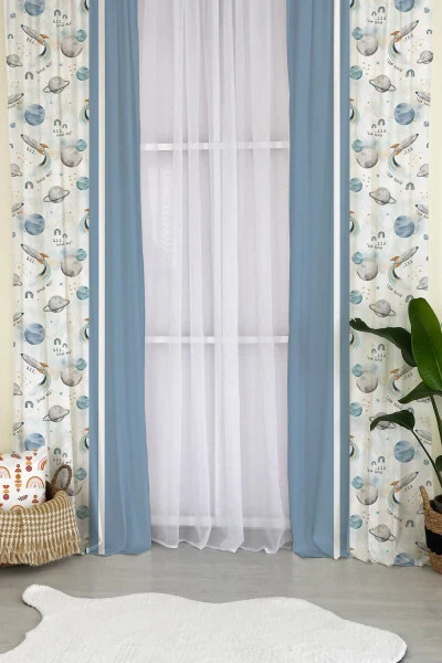 Space Patterned Children's Room Blackout Curtain - Blue - MILROMA