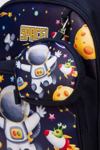 Space Yazılı Derili Astronot Desenli Anaokul Kreş Sırt Çantası ,Okul Öncesi Sırt Çantası - Lacivert - 5
