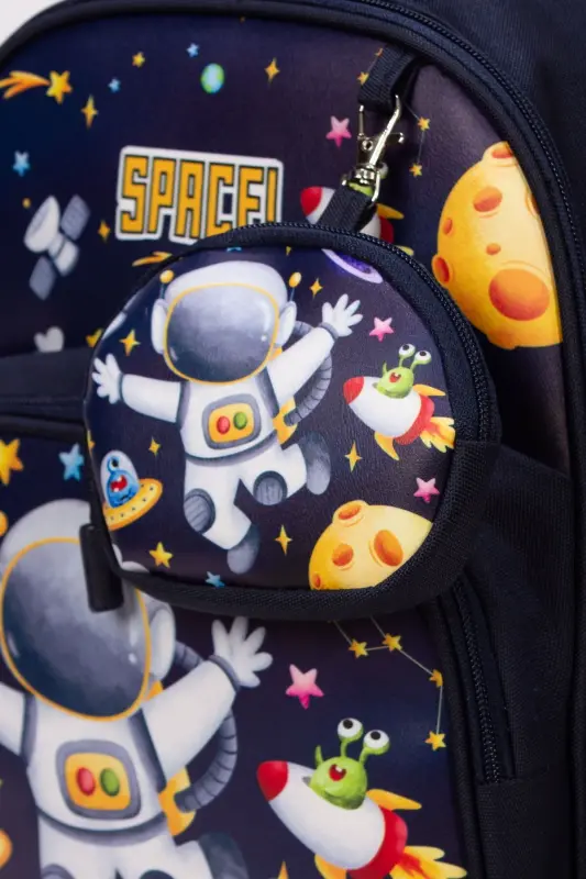 Space Yazılı Derili Astronot Desenli Anaokul Kreş Sırt Çantası ,Okul Öncesi Sırt Çantası - Lacivert - 5