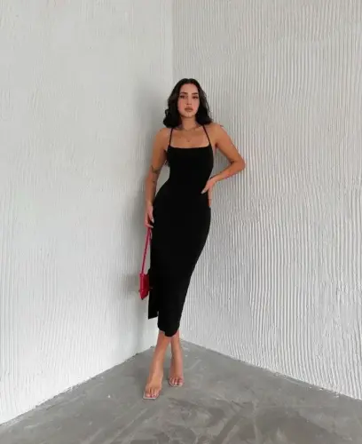 Spaghetti Strap Backless Tie-Detail Slit Midi Dress - Black - 3