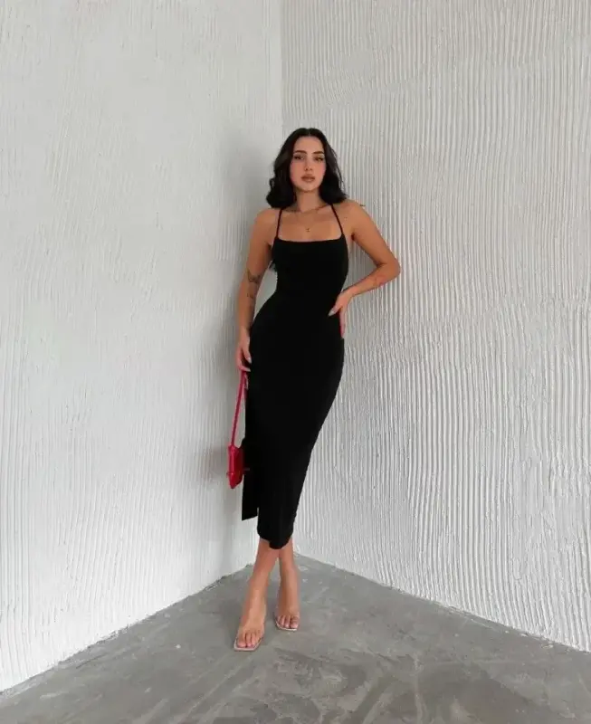 Spaghetti Strap Backless Tie-Detail Slit Midi Dress - Black - 3