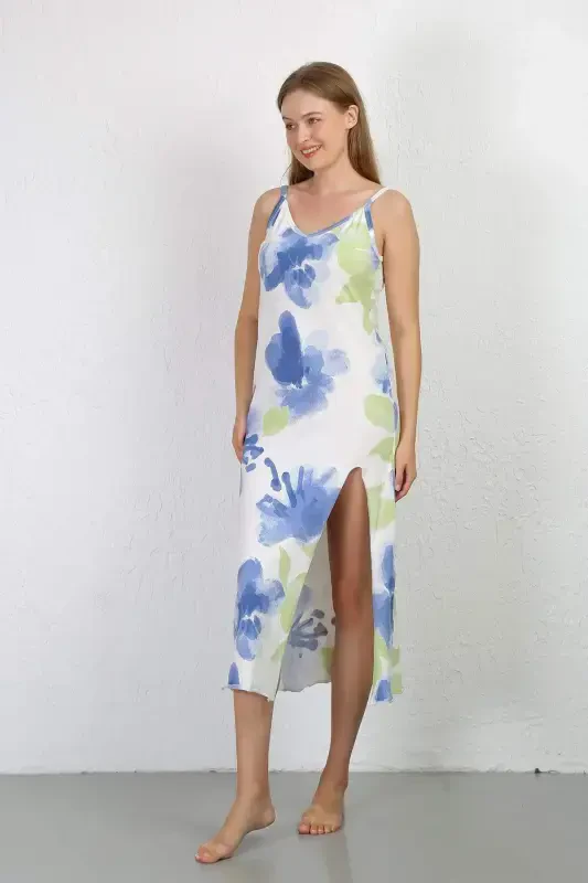 Spaghetti Strap Long Slit Cotton Nightgown 90128 - 4