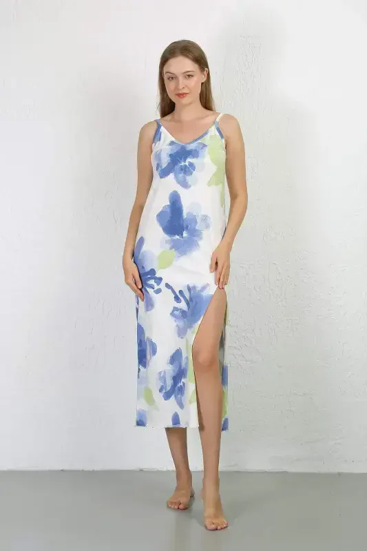 Spaghetti Strap Long Slit Cotton Nightgown 90128 - 7