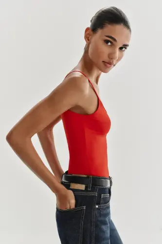 SPAGHETTI STRAP POLYAMIDE T-SHIRT-Coral red - 4