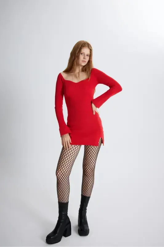 Spanish Arm Heart Collar Slit Detailed Mini Knitted Rolla Dress Red-Red - 3