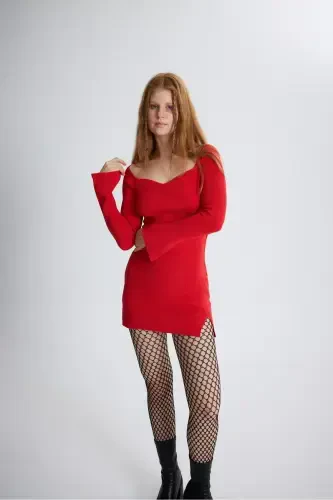 Spanish Arm Heart Collar Slit Detailed Mini Knitted Rolla Dress Red-Red - 4