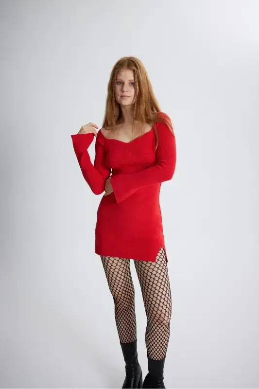 Spanish Arm Heart Collar Slit Detailed Mini Knitted Rolla Dress Red-Red - 4