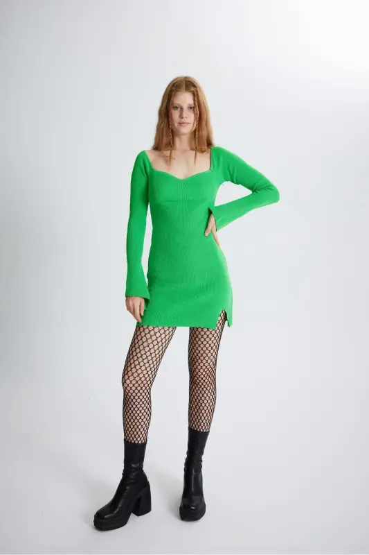 Spanish Sleeve Heart Neck Slit Detailed Mini Knitted Rolla Dress Green-Green - HOLLY LOLLY