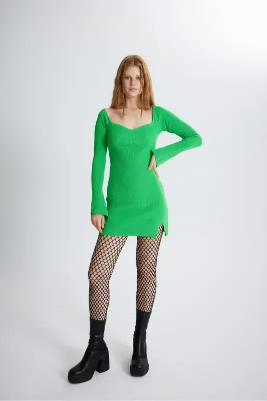 Spanish Sleeve Heart Neck Slit Detailed Mini Knitted Rolla Dress Green-Green - 1