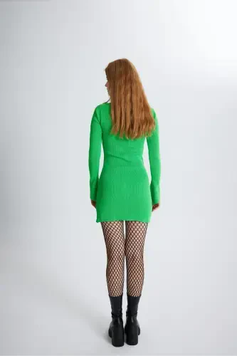 Spanish Sleeve Heart Neck Slit Detailed Mini Knitted Rolla Dress Green-Green - 5