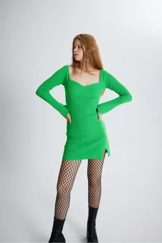 Spanish Sleeve Heart Neck Slit Detailed Mini Knitted Rolla Dress Green-Green - 6