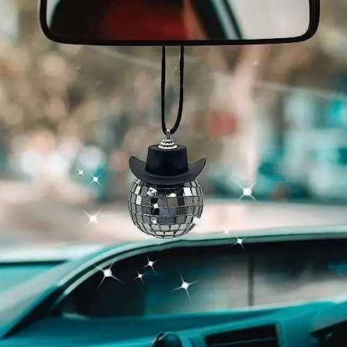 spansee Black Disco Ball Cowboy Hat Car Accessory, Mirror Ornament, Interior Accessories - 1