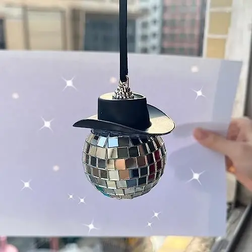 spansee Black Disco Ball Cowboy Hat Car Accessory, Mirror Ornament, Interior Accessories - 2