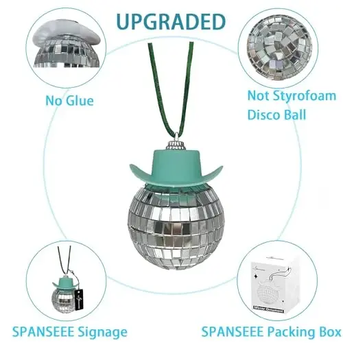 spansee Black Disco Ball Cowboy Hat Car Accessory, Mirror Ornament, Interior Accessories - 2