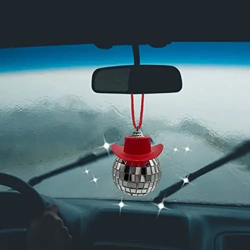 spansee Red Disco Ball Car Accessory, Disco Ball Car Mirror Ornament, Cowboy Hat Disco Ball Car Charm, Disco Ball with Cowboy Hat, Car Disco Ball, Disco Ball for Car, Car Accessories for Women - 2