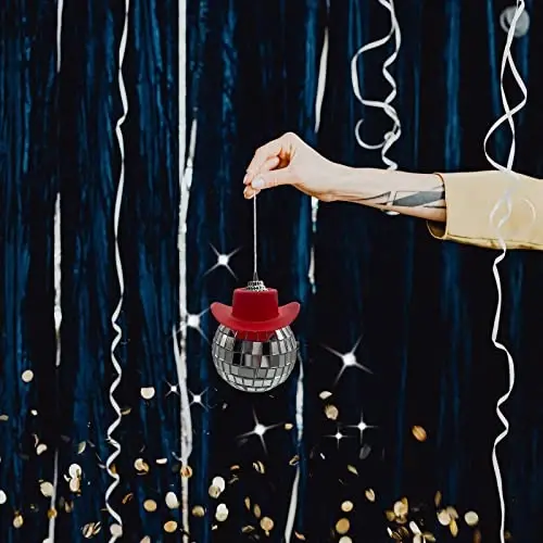 spansee Red Disco Ball Car Accessory, Disco Ball Car Mirror Ornament, Cowboy Hat Disco Ball Car Charm, Disco Ball with Cowboy Hat, Car Disco Ball, Disco Ball for Car, Car Accessories for Women - 4