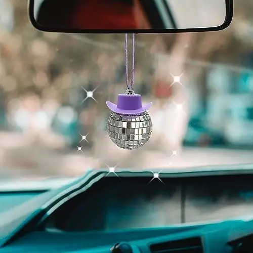spansee Purple Disco Ball with Cowboy Hat Car Charm, Rear View Mirror Accessory 