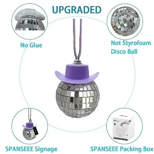 spansee Purple Disco Ball with Cowboy Hat Car Charm, Rear View Mirror Accessory - 3