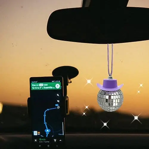 spansee Purple Disco Ball with Cowboy Hat Car Charm, Rear View Mirror Accessory - 4