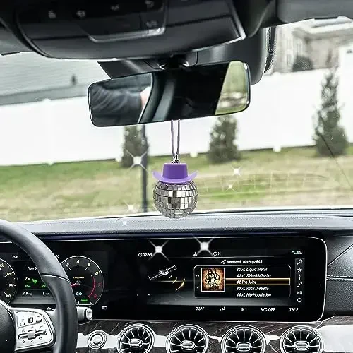 spansee Purple Disco Ball with Cowboy Hat Car Charm, Rear View Mirror Accessory - 2