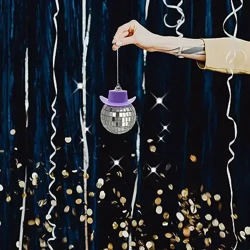 spansee Purple Disco Ball with Cowboy Hat Car Charm, Rear View Mirror Accessory - 5