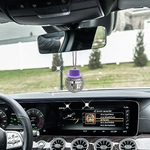spansee Purple Disco Ball with Cowboy Hat Car Charm, Rear View Mirror Accessory - 2