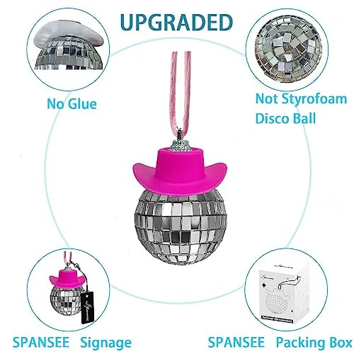 SPANSEE Pink Disco Ball Car Ornament, Mirror Ornament, Cowboy Hat Accessory, Cute Disco Ball Charm Accessories - 4