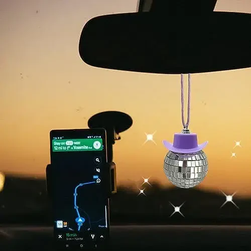 spansee Purple Disco Ball with Cowboy Hat Car Charm, Rear View Mirror Accessory - 4