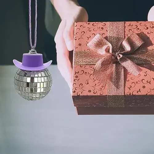 spansee Purple Disco Ball with Cowboy Hat Car Charm, Rear View Mirror Accessory - 7