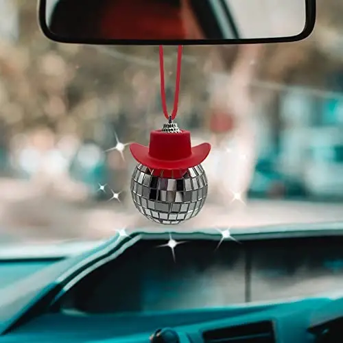 spansee Red Disco Ball Car Accessory, Disco Ball Car Mirror Ornament, Cowboy Hat Disco Ball Car Charm, Disco Ball with Cowboy Hat, Car Disco Ball, Disco Ball for Car, Car Accessories for Women - SPANSEE