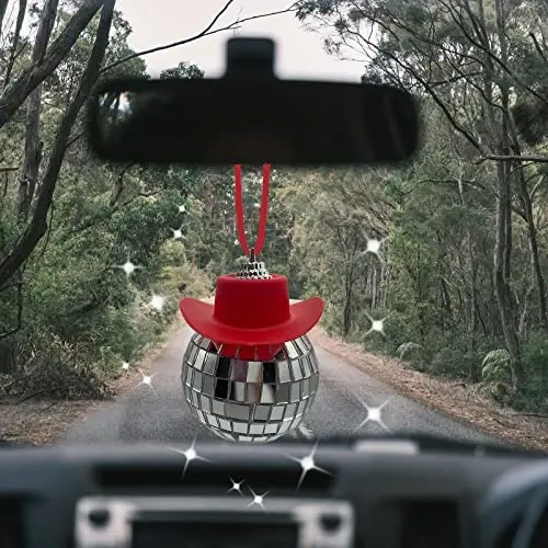 spansee Red Disco Ball Car Accessory, Disco Ball Car Mirror Ornament, Cowboy Hat Disco Ball Car Charm, Disco Ball with Cowboy Hat, Car Disco Ball, Disco Ball for Car, Car Accessories for Women - 3