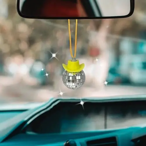 SPANSEE Yellow Cowgirl Car Charm - Disco Ball Mirror Ornament - Rear View Accessory 
