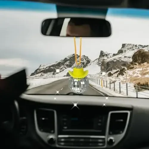 SPANSEE Yellow Cowgirl Car Charm - Disco Ball Mirror Ornament - Rear View Accessory - 6