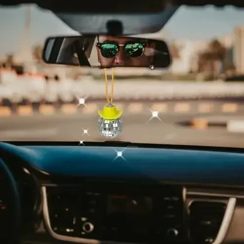 SPANSEE Yellow Cowgirl Car Charm - Disco Ball Mirror Ornament - Rear View Accessory - 7