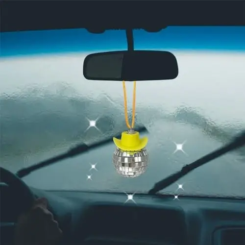 SPANSEE Yellow Cowgirl Car Charm - Disco Ball Mirror Ornament - Rear View Accessory - 3